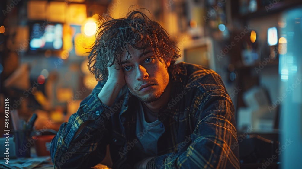 A young man with messy hair resting his head on his hand in a cluttered room with warm lighting. A young man with messy hair resting his head on his hand in a cluttered room with warm lighting.