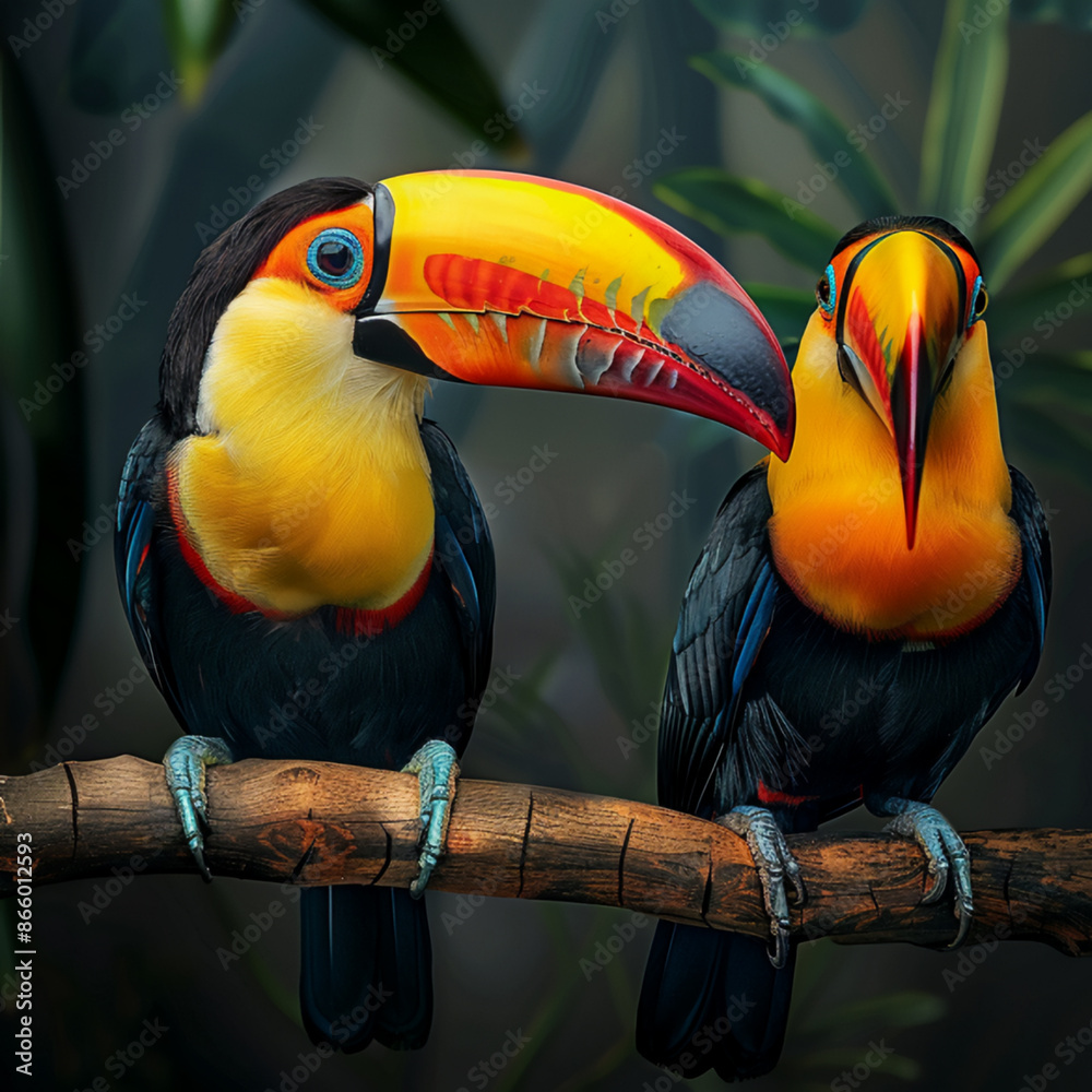 Fototapeta premium Multi colored toucan perched on branch, AI Generative