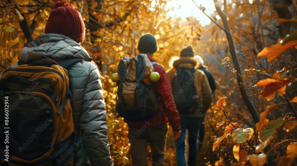 A group of friends hike through a colorful autumn forest, enjoying the fall scenery. A group of friends hike through a colorful autumn forest, enjoying the fall scenery.
