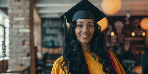 A cheerful young woman in her graduation gown and cap celebrates her academic achievement and smiling proudly.