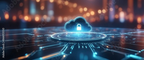Futuristic style image showcasing cloud security concept with glowing locked cloud and circuit board, ideal for cybersecurity, data protection themes.