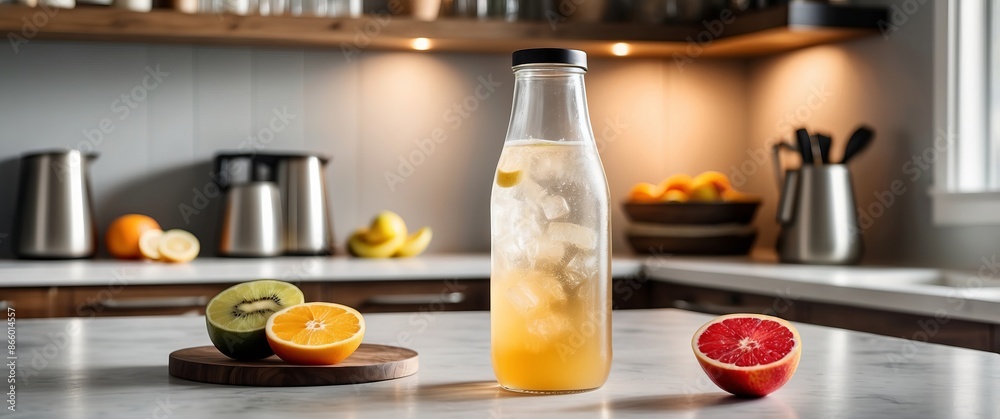 A bottle of fresh citrus juice with ice sits on a kitchen countertop, surrounded by cut kiwi and grapefruit. Perfect for breakfast or a refreshing drink.