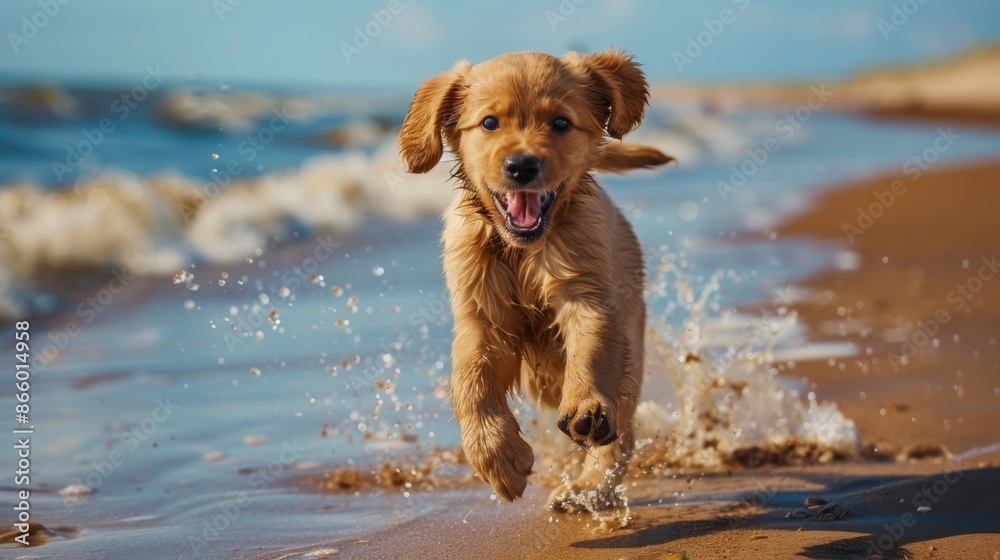 Cute golden retriever puppy enjoying a sunny beach day. Bright day at the seaside, with a joyful dog running through the surf. Happy puppy on the beach. Cute golden retriever puppy enjoying a sunny beach day. Bright day at the seaside, with a joyful dog running through the surf. Happy puppy on the beach.