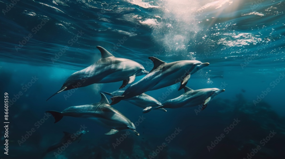 Obraz premium A group of dolphins swim in the deep blue ocean. Sunlight filters through the water creating a magical underwater scene.