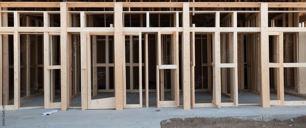 Wood framework of an unfinished residential building under construction, highlighting the early stages of architectural development and housing projects. Wood framework of an unfinished residential building under construction, highlighting the early stages of architectural development and housing projects.