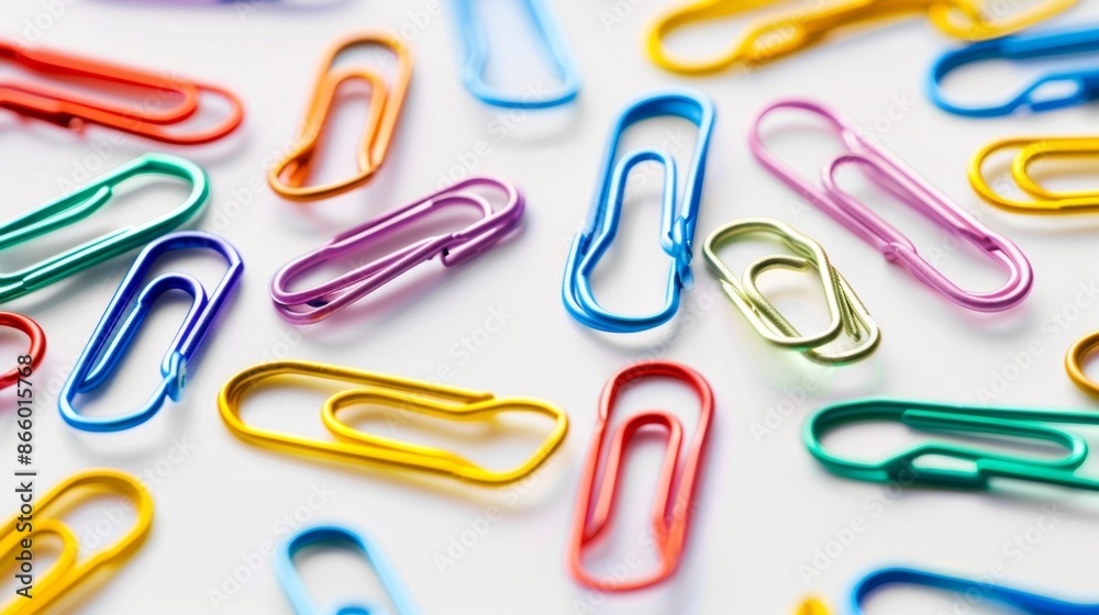 A collection of paperclips in various colors, against a white background. A collection of paperclips in various colors, against a white background.