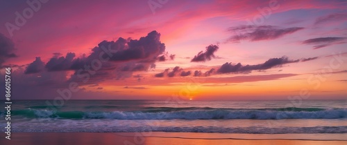 Serene sunset over a tranquil ocean with gentle waves, capturing vibrant colors in a picturesque twilight seascape, perfect for vacation and tranquil retreats.