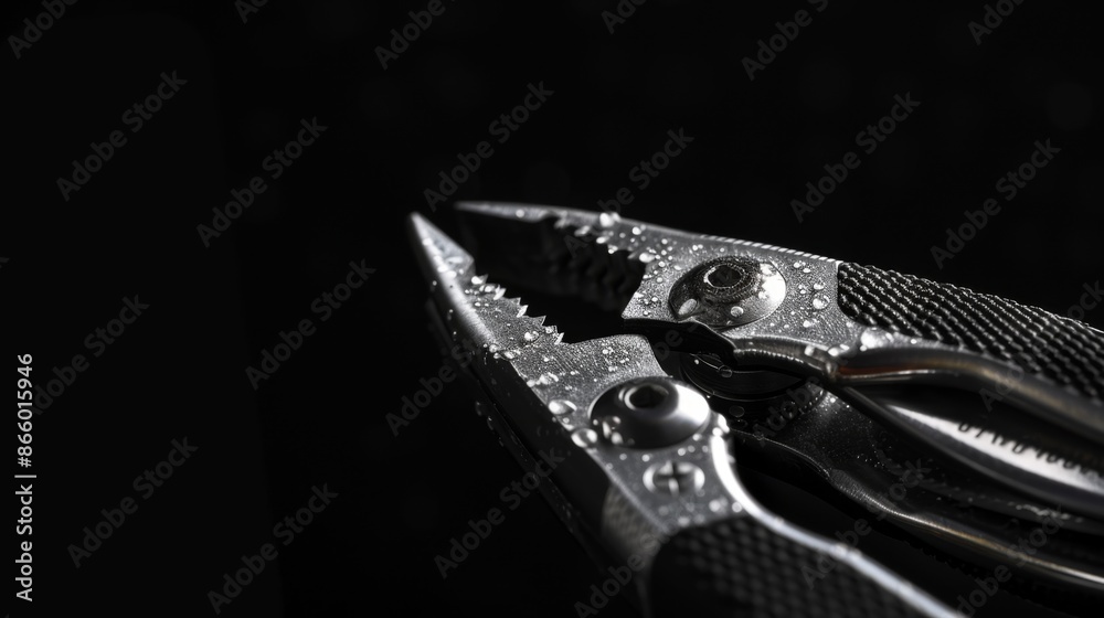 A pair of pliers with a textured grip, against a black background. A pair of pliers with a textured grip, against a black background.