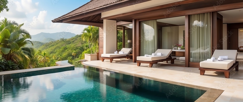 Fototapeta premium Luxurious poolside villa with lounge chairs, tropical surroundings, and mountain views. Perfect for a serene and relaxing getaway or vacation retreat.