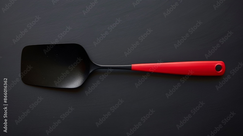 A spatula with a red handle, against a black background. A spatula with a red handle, against a black background.