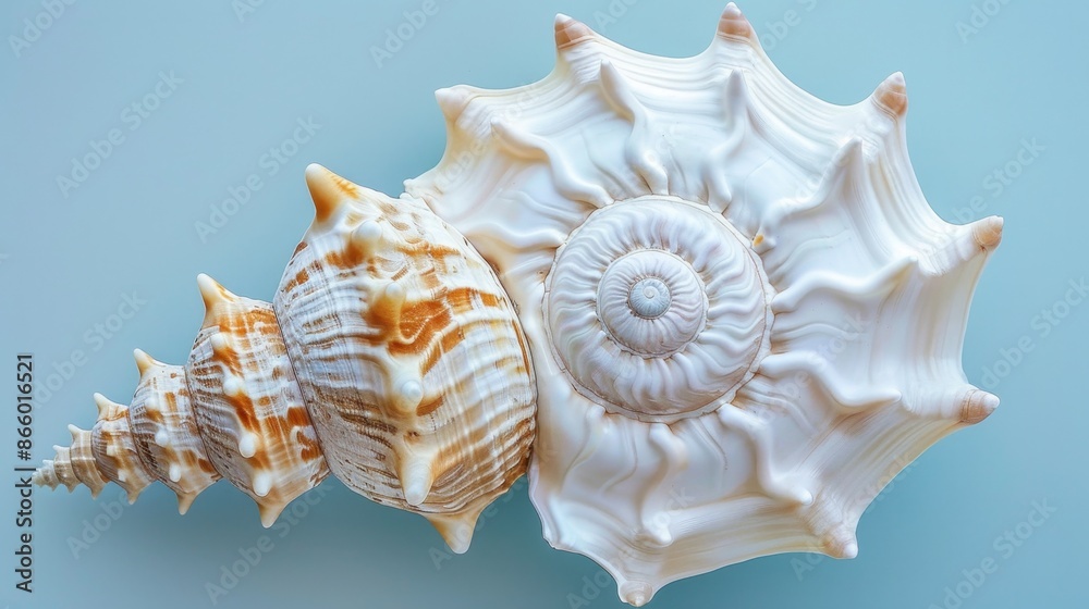 Obraz premium A seashell with intricate patterns, against a pale blue background.