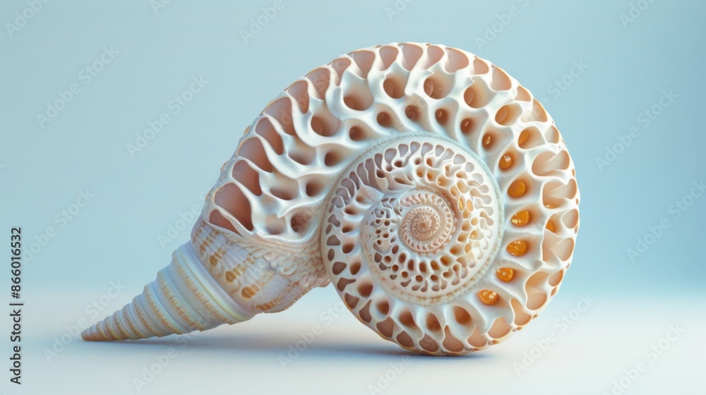 A seashell with intricate patterns, against a pale blue background. A seashell with intricate patterns, against a pale blue background.