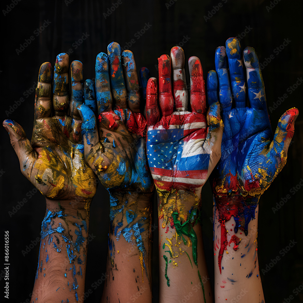 Hands painted with red, white, and blue American flag colors. Hands painted with red, white, and blue American flag colors.