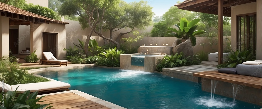 Fototapeta premium Luxury poolside with lush greenery and modern outdoor seating, perfect for a tranquil and relaxing tropical vacation or retreat.