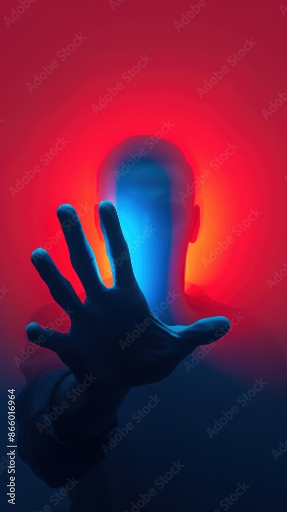 Obraz premium Silhouette of a person reaching towards the camera with vibrant blue and red lights in the background, evoking a sense of mystery and intrigue.