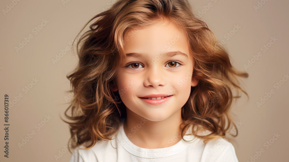 Portrait of a beautiful, happy smiling boy with long hair and perfect skin, creamy beige background, banner.