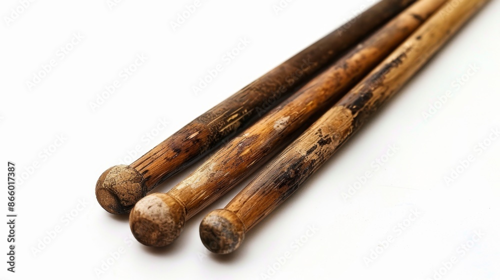 A set of drumsticks with a worn texture, against a white background. A set of drumsticks with a worn texture, against a white background.
