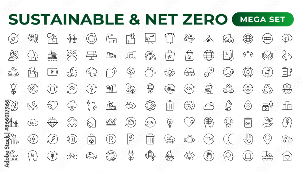 Set of sustainability and Net Zero, environmental, ecological, recyling, green, organic, industry thin line icons. Linear ecology simple symbol collection. Set of sustainability and Net Zero, environmental, ecological, recyling, green, organic, industry thin line icons. Linear ecology simple symbol collection.