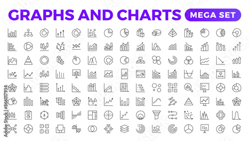 "Graphs and charts icon set. Business growing bar graph icons. Statistics and analytics vector icon. Statistic and data, charts diagrams, money, down or up arrow.