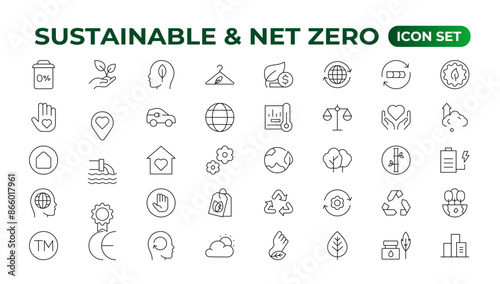 Set of sustainability and Net Zero, environmental, ecological, recyling, green, organic, industry thin line icons. Linear ecology simple symbol collection.