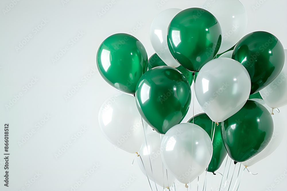 Green and white balloons floating in the air, creating a vibrant and festive atmosphere. Green and white balloons floating in the air, creating a vibrant and festive atmosphere.