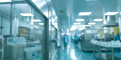 A clinical hospital corridor with blurred figures, embodying modern healthcare and professional medical assistance. © Iryna