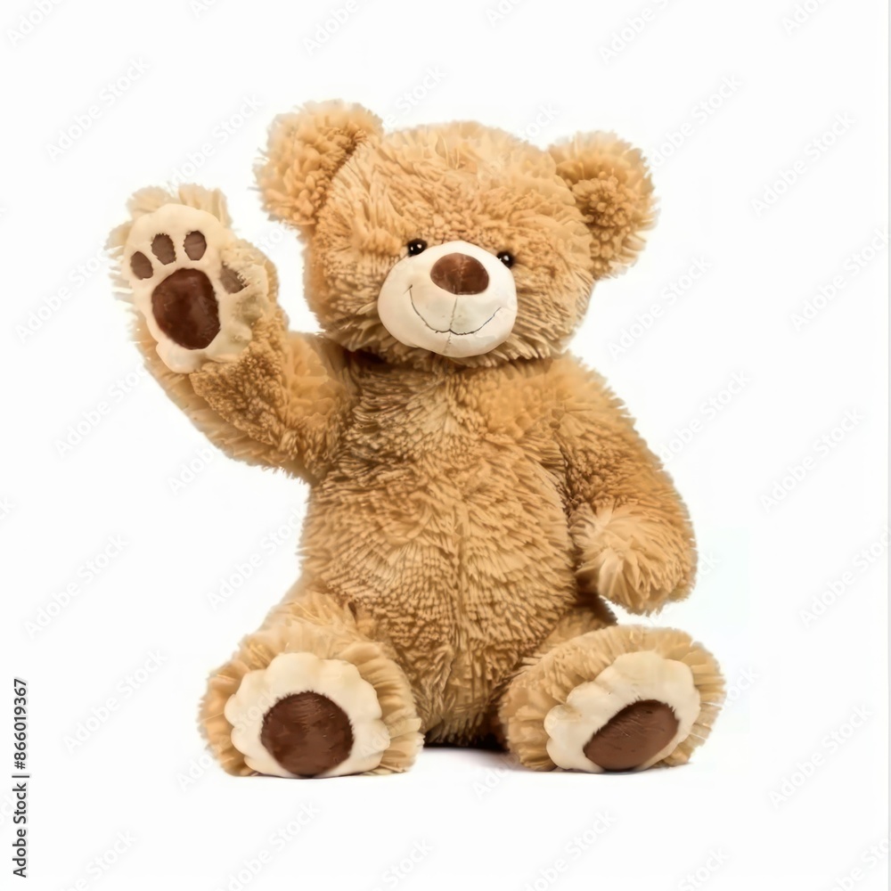Obraz premium Waving Teddy Bear on White Background