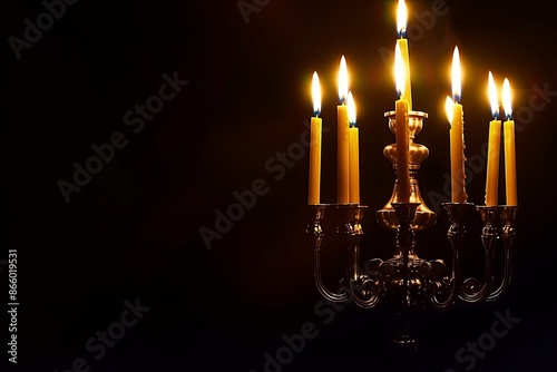 Golden candelabra with lit candles glowing in the dark, creating a romantic or spooky atmosphere. Concept of celebration, remembrance, or mystery photo