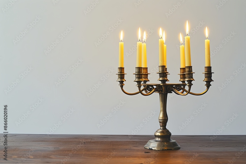 Antique brass candelabra with nine lit candles on a wooden table. Concepts. celebration, faith, tradition, history, vintage Antique brass candelabra with nine lit candles on a wooden table. Concepts. celebration, faith, tradition, history, vintage