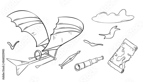 Aircraft black and white contour vector illustration isolated. First Invention airplane in ink outline hand drawn. Monochrome set of plane, clouds, birds elements. Map, spyglass, compass line art