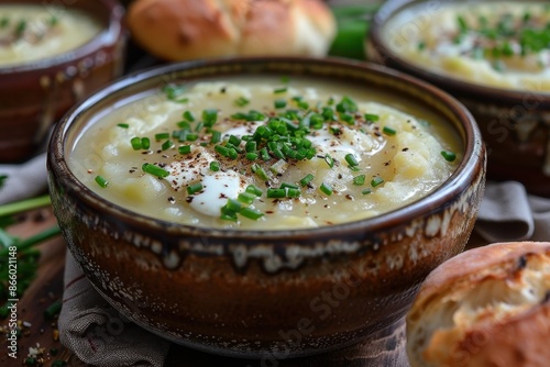 A bowl of creamy leek and potato soup, garnished with chives and a swirl of cream, served with a crusty bread roll. 