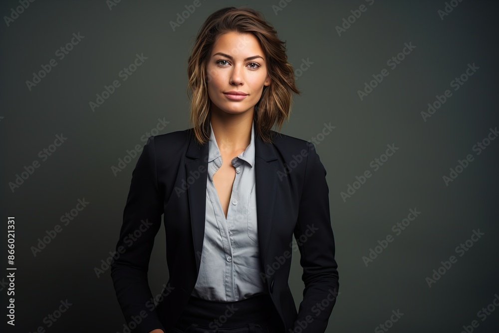 Fototapeta premium A woman in a business suit stands in front of a gray background