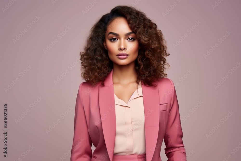 A woman in a pink suit and pink shirt is standing in front of a white background A woman in a pink suit and pink shirt is standing in front of a white background