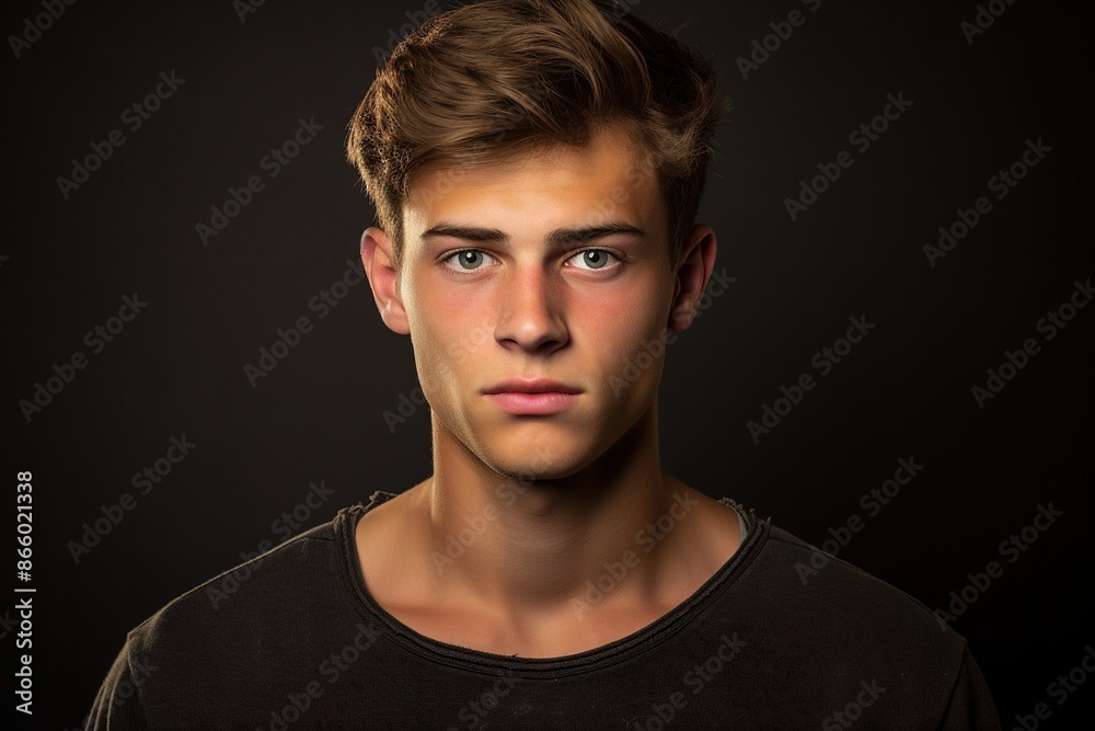Naklejka premium A young man with brown hair and a black shirt is looking at the camera
