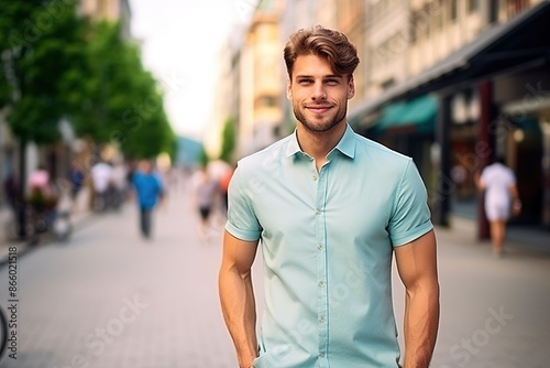 A man in a blue shirt is smiling and posing for a picture on a city street