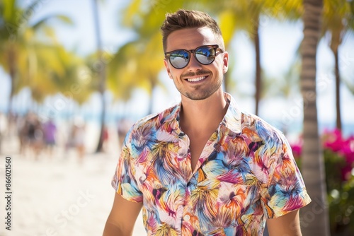 A man wearing a colorful shirt and sunglasses is smiling at the camera