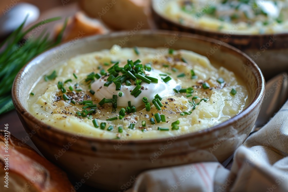 A bowl of creamy leek and potato soup, garnished with chives and a swirl of cream, served with a crusty bread roll. A bowl of creamy leek and potato soup, garnished with chives and a swirl of cream, served with a crusty bread roll.