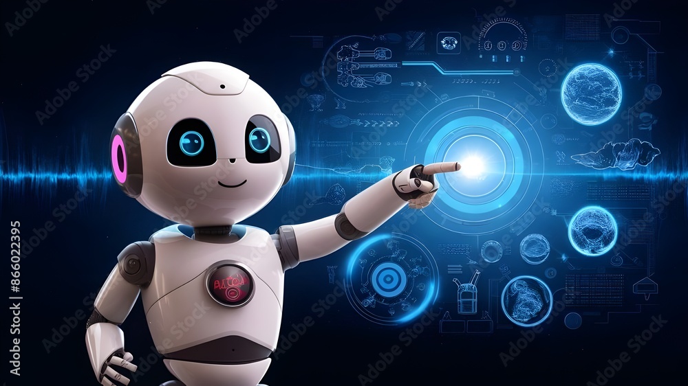 Cheerful Robot Pointing to Innovation Space: Futuristic Tech Concept. Cheerful Robot Pointing to Innovation Space: Futuristic Tech Concept.