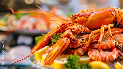 Mound of fresh raw lobster and seafood, intricate details, ready for cooking, appetizing and vibrant display