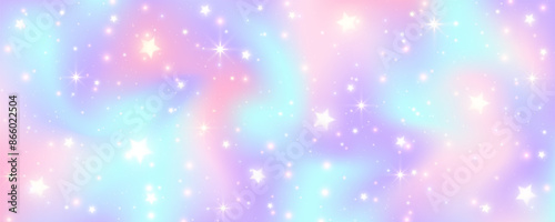 Unicorn wavy fluid sky with stars. Gradient blurred background with sparkles. Pink and blue holographic fantasy wallpaper