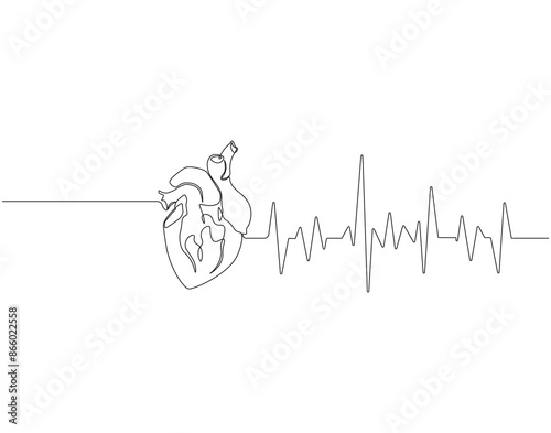 Continuous one line drawing of human heart. One line drawing illustration of heart. Human organ, World heart day concept line art. Editable outline.