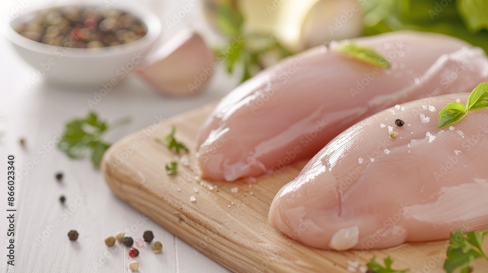 Raw chicken breast fillets on wooden board, detailed textures, kitchen setting, fresh and ready for cooking, clean presentation Raw chicken breast fillets on wooden board, detailed textures, kitchen setting, fresh and ready for cooking, clean presentation