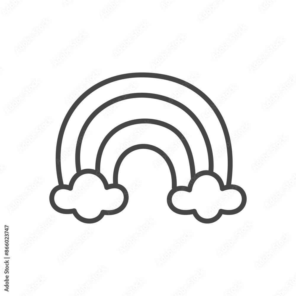 Cute rainbow icon. Hand drawn monochrome illustration of a rainbow with clouds isolated on a white background. Kawaii sticker. Vector 10 EPS. Cute rainbow icon. Hand drawn monochrome illustration of a rainbow with clouds isolated on a white background. Kawaii sticker. Vector 10 EPS.
