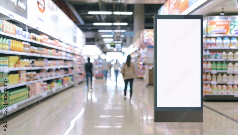 Blank Advertisement Billboard in Supermarket Aisle Blank Advertisement Billboard in Supermarket Aisle