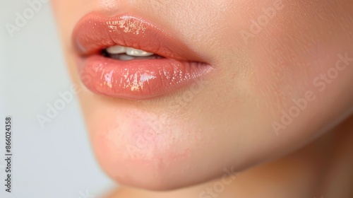 Woman with naturally rosy lips enhanced by subtle lip balm, glistening