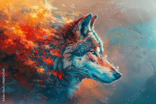 Tempestuous Wolf: Impressionistic Sunset with Vibrant Colors, Brush Strokes, Splatter Paint, Graffiti Style, Flowing Magic photo