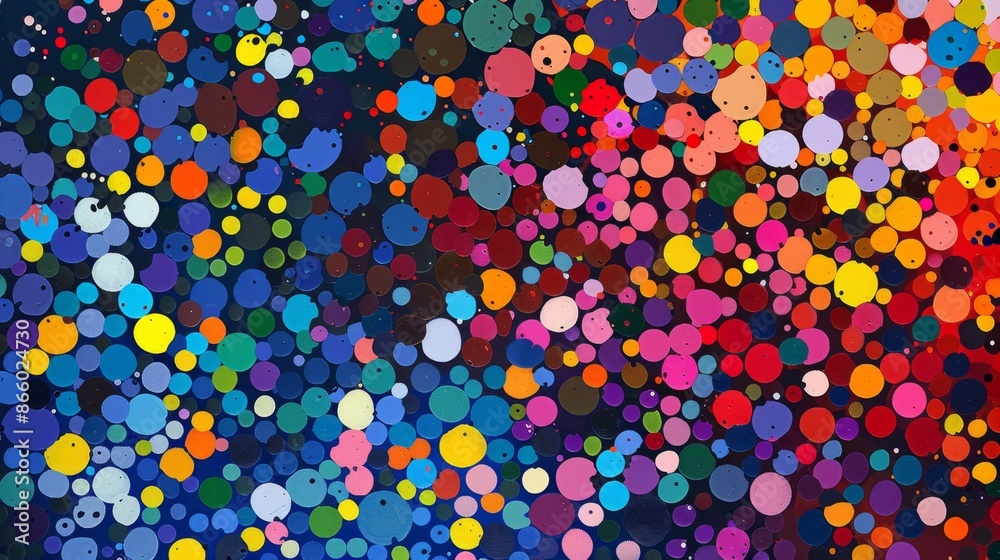 A series of colored dots arranged in a random pattern, forming a vibrant and abstract composition.