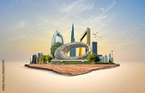 Fototapeta Naklejka Na Ścianę i Meble -  Dubai city on hand 3d concept background. amazing city at sunrise, United Arab Emirates.