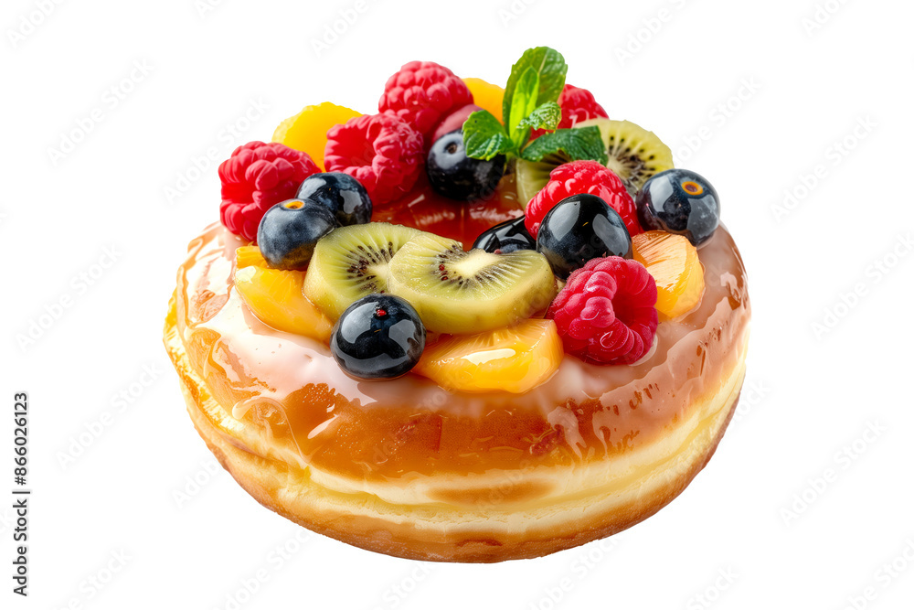 Closeup view of donut topped with fresh kiwi, strawberry, and assorted berries, perfect for summer dessert themes isolated on white transparent background. Closeup view of donut topped with fresh kiwi, strawberry, and assorted berries, perfect for summer dessert themes isolated on white transparent background.