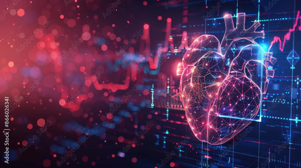 Glowing hologram of human heart organ 3D structure with dark background Glowing hologram of human heart organ 3D structure with dark background